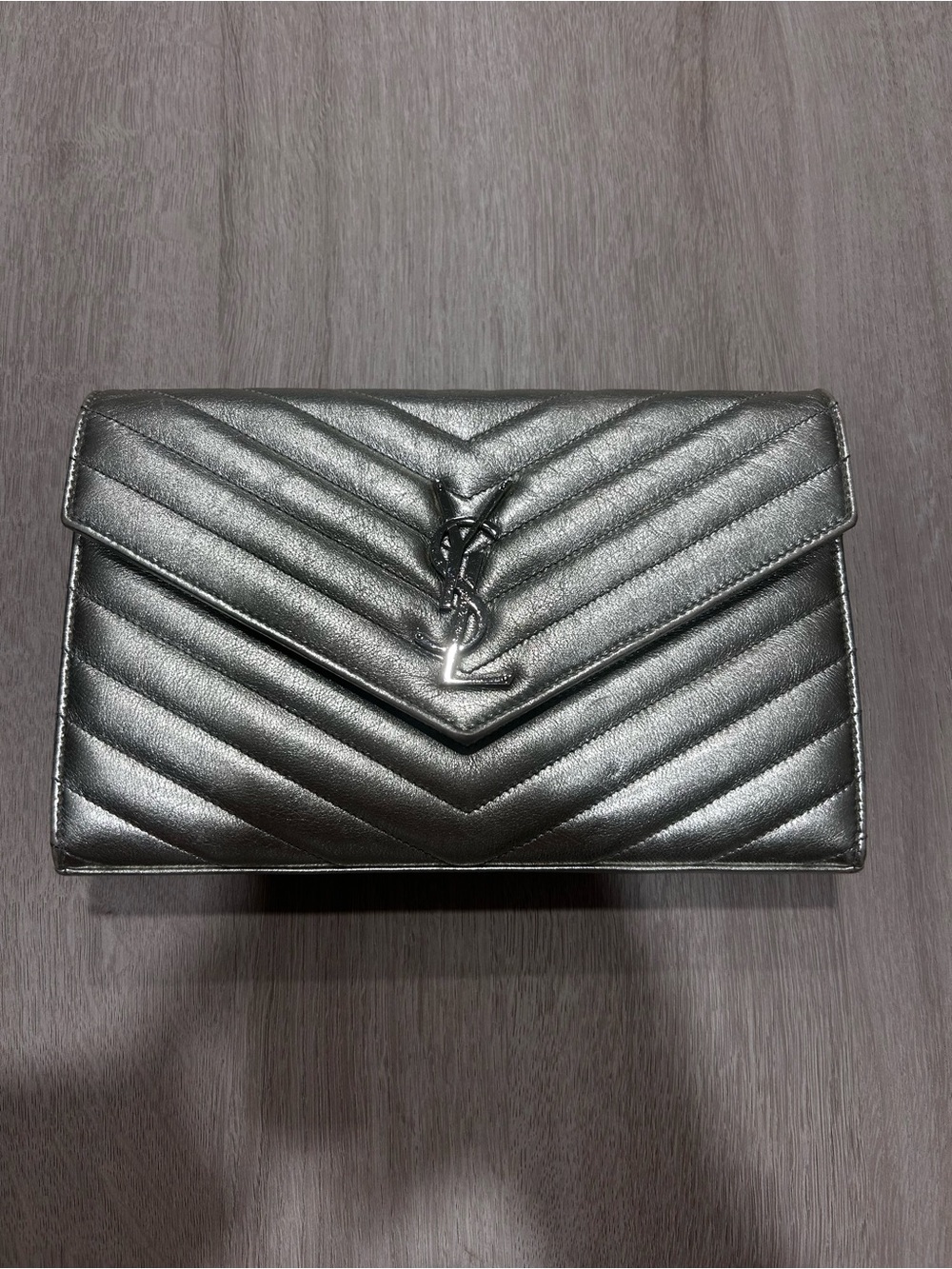 Saint Laurent Metallic Silver Chevron Envelope Wallet Clutch